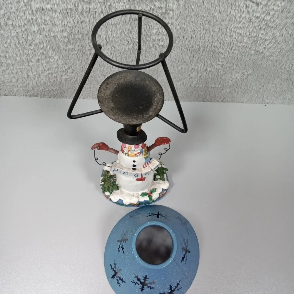 Snowman Peace Candle Holder Lamp Blue Snowflake Metal‎ Shade Winter Decor 11